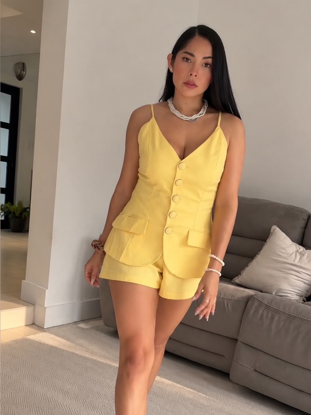 Yellow Button-Front Linen Short Set
